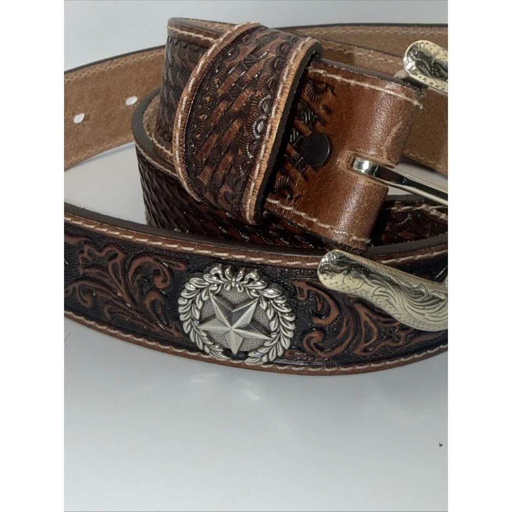 Justin Lone Star Western Leather Belt Mens Size 42 Brown C10098 Basketweave Exc